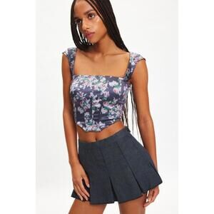 UO Out From Under About Time Printed Satin Corset Top Black Multi MEDIUM NWT